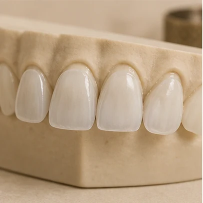 Illustrative dental model showing thin porcelain veneers over prepared front teeth